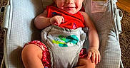 Olivia is registered to the contest to win money with this photo: baby, bib, bouncer, bunny_ears, carpet, child, colorful, elephant, family_photo, happy, headband, high_chair, home, indoors, infant, portrait, red_clothing, seated, smiling, toy