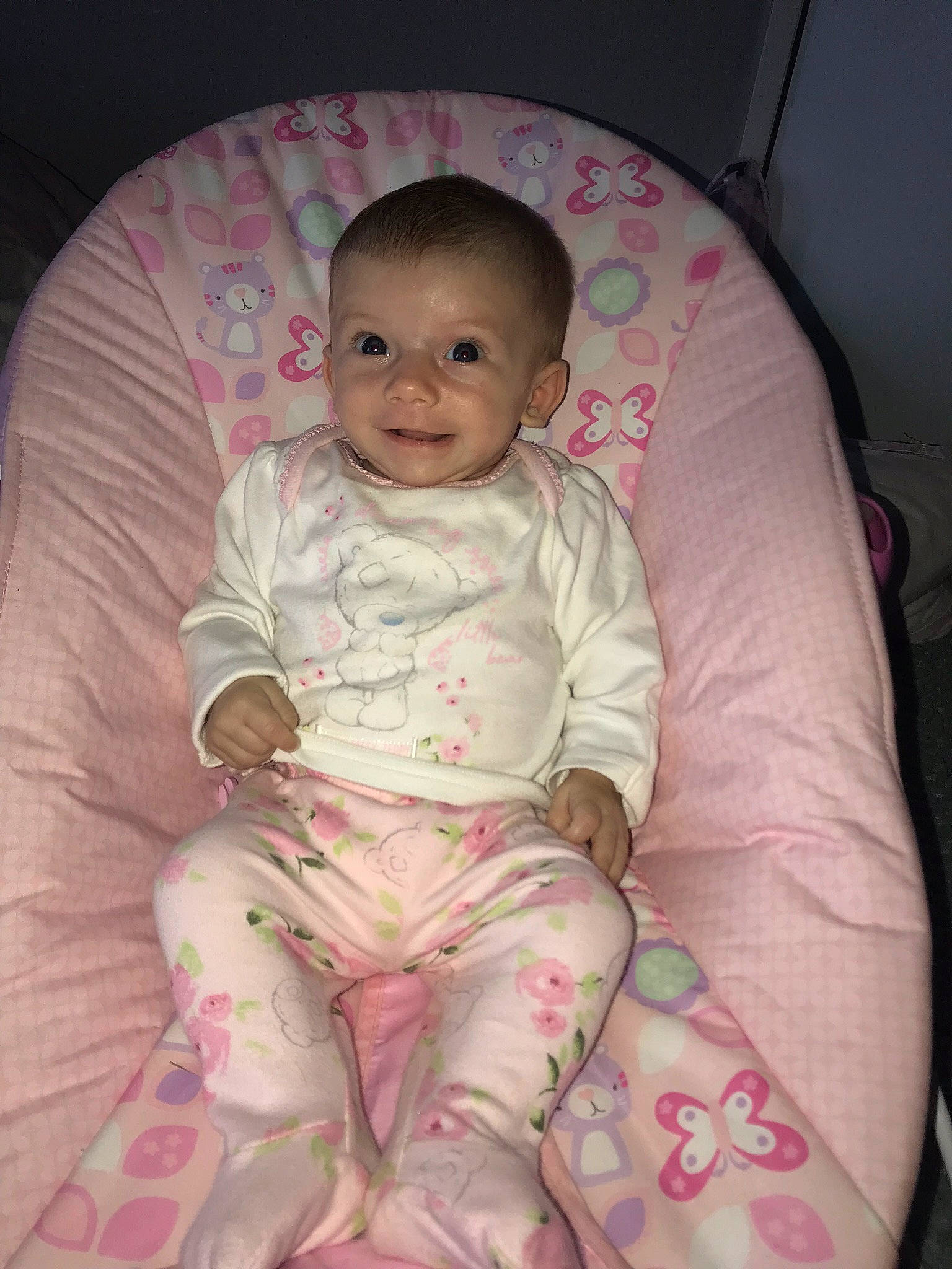 Evie Mai joined the competition — help win amazing prizes! baby, cheek, child, eye, head, lip, person, pink, product, sitting, skin, smile, toddler