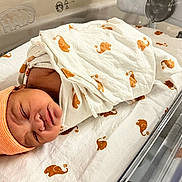 Austin Beirge joined the competition — help win amazing prizes! newborn, baby, sleeping, hospital, bassinet, blanket, hat, orange, elephant_pattern, wrapped, infant, cute, resting, skin, face, peaceful, cozy, soft_lighting, child, maternity
