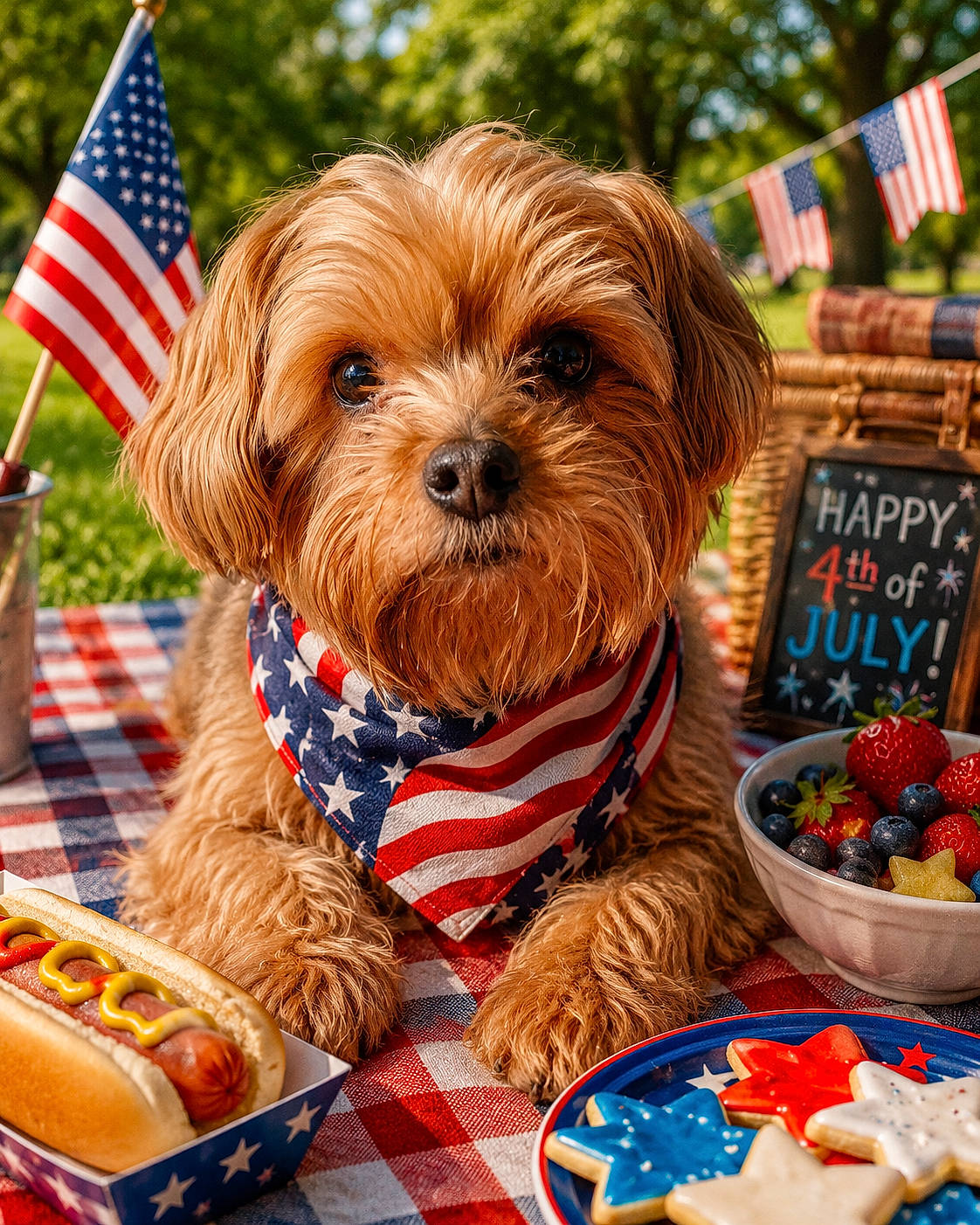 Baxter is registered to the contest to win money with this photo: 4th_of_july, american_flag, bandana, basket, berries, blueberries, celebration, checkered_tablecloth, cookies, dog, food, grass, holiday, hot_dog, outdoor, patriotic, picnic, star_shaped_cookies, strawberries, summer