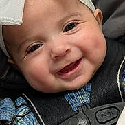 Xiah joined the competition — help win amazing prizes! baby, infant, child, smiling, happy, portrait, face, close_up, bow, headband, car_seat, seatbelt, harness, blue_clothing, denim, vehicle, indoor, photography, adorable, 安全