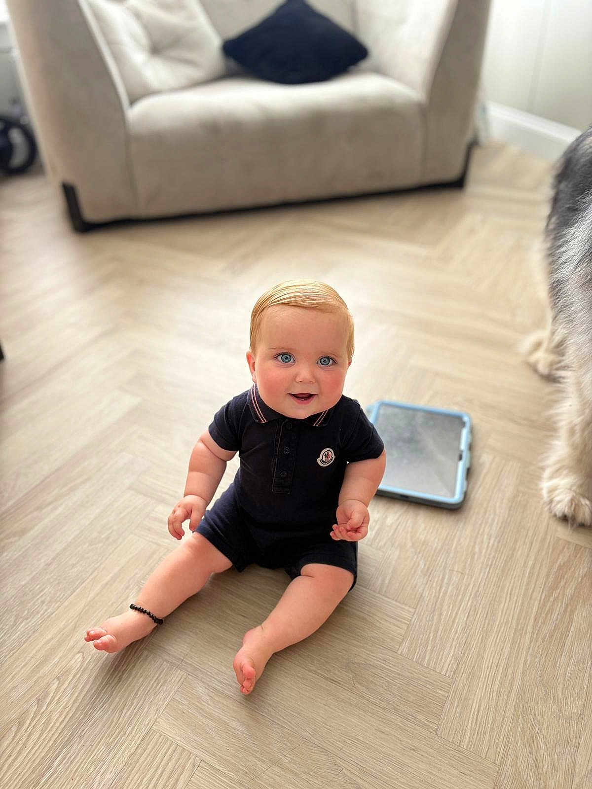 Cass is registered to the contest to win money with this photo: baby, child, floor, wooden_floor, romper, ankle_bracelet, blue_eyes, couch, pillow, tablet, dog_paw, pet, indoor, home, flooring, smiling, sitting, curious, cute, furniture