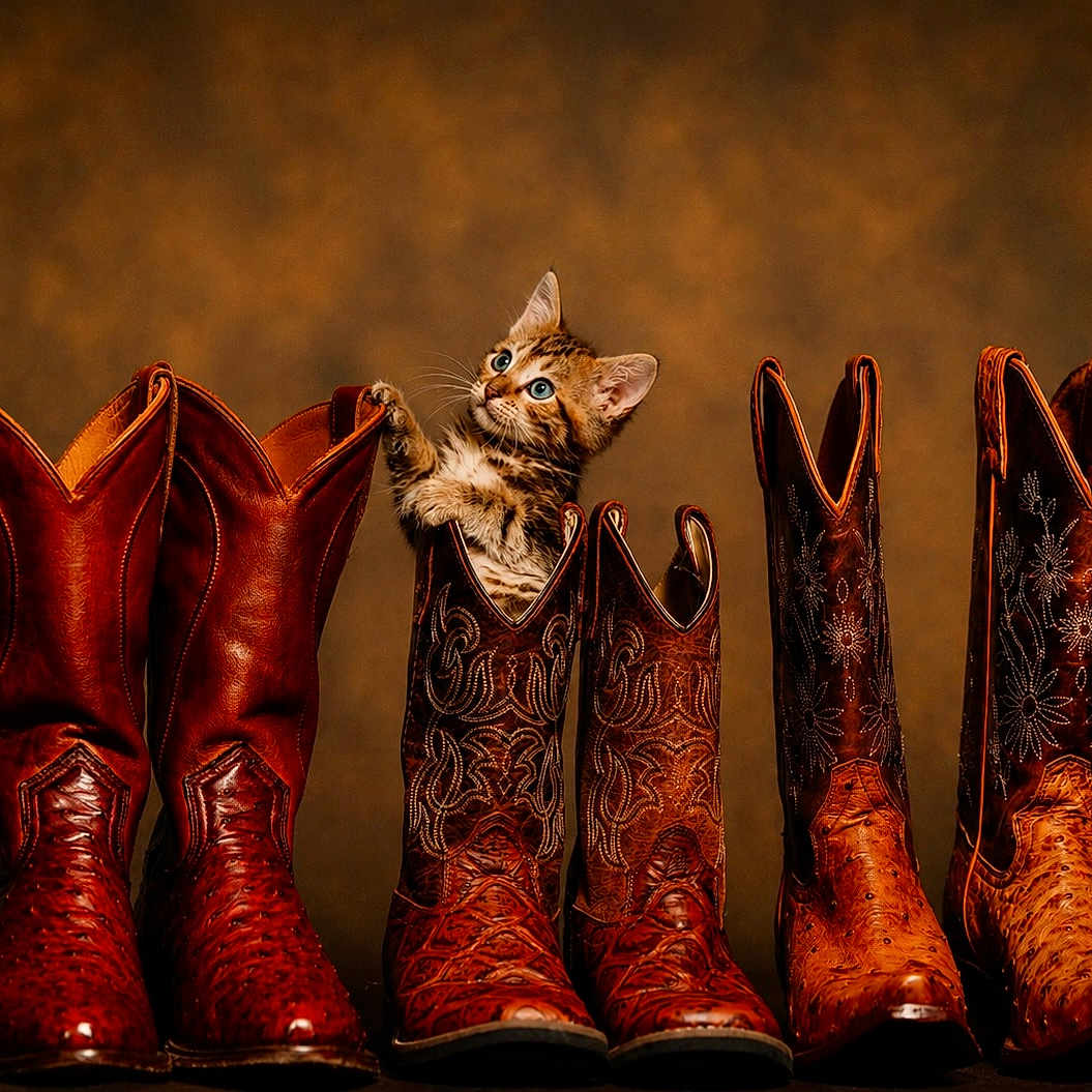 Kiki joined the competition — help win amazing prizes! kitten, cat, cowboy_boots, leather, brown, curious, animal, footwear, vintage, rustic, indoor, pet, cute, small, texture, pattern, studio, portrait, still_life, warm_lighting
