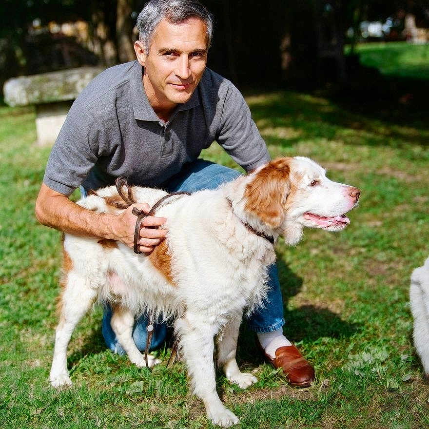 Pomm a rejoint le concours — aidez-le/la à gagner de superbes lots ! animal, bench, brown_shoes, canine, dog, grass, gray_hair, happy, jeans, kneeling, leash, man, outdoor, owner, park, pet, polo_shirt, portrait, smile, sunlight