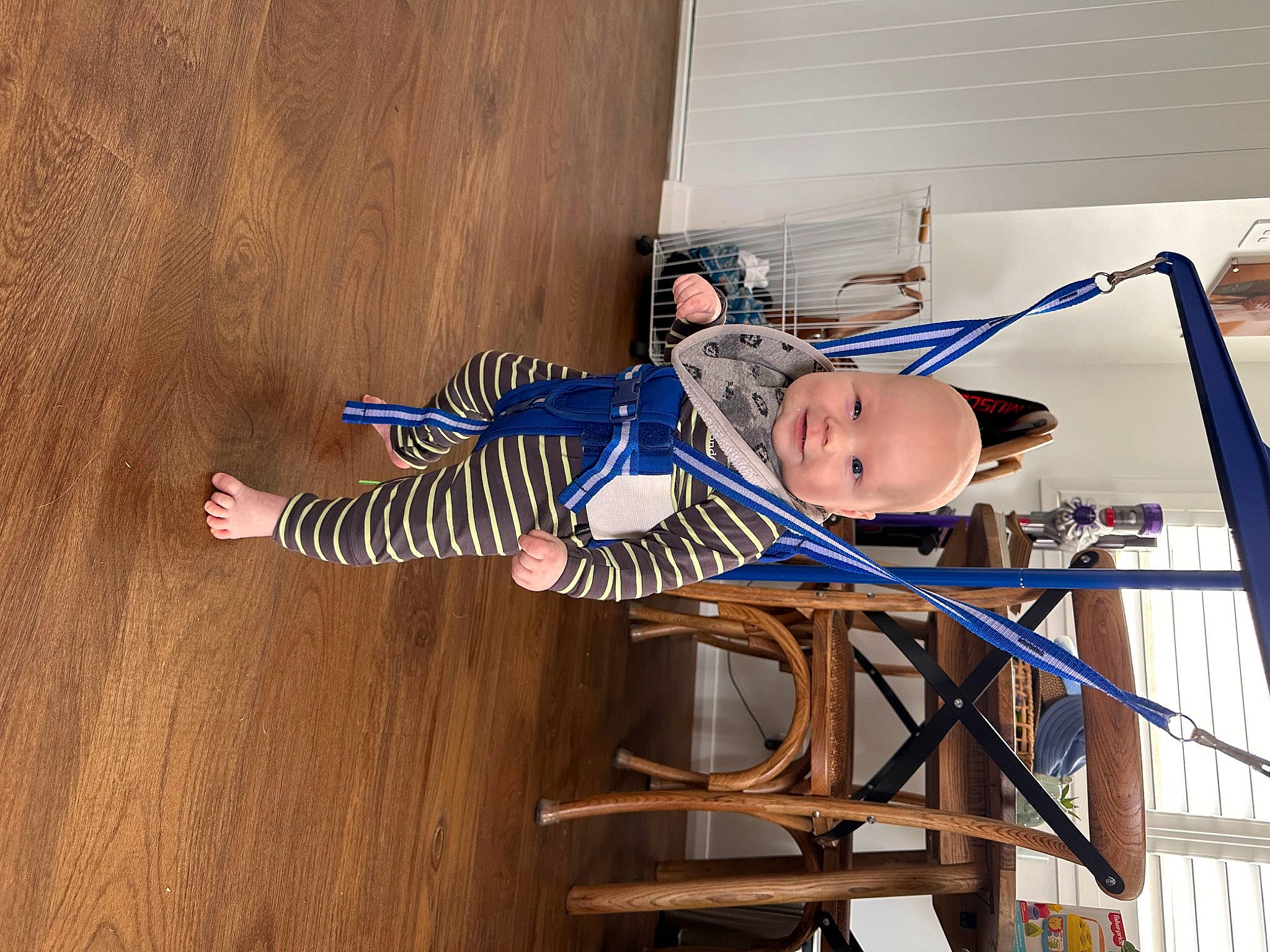 Henry is registered to the contest to win money with this photo: child, elbow, electric_blue, flooring, hardwood, hat, knee, leisure, person, room, sitting, smile, thigh, toddler, window, wood, wood_flooring, wrist