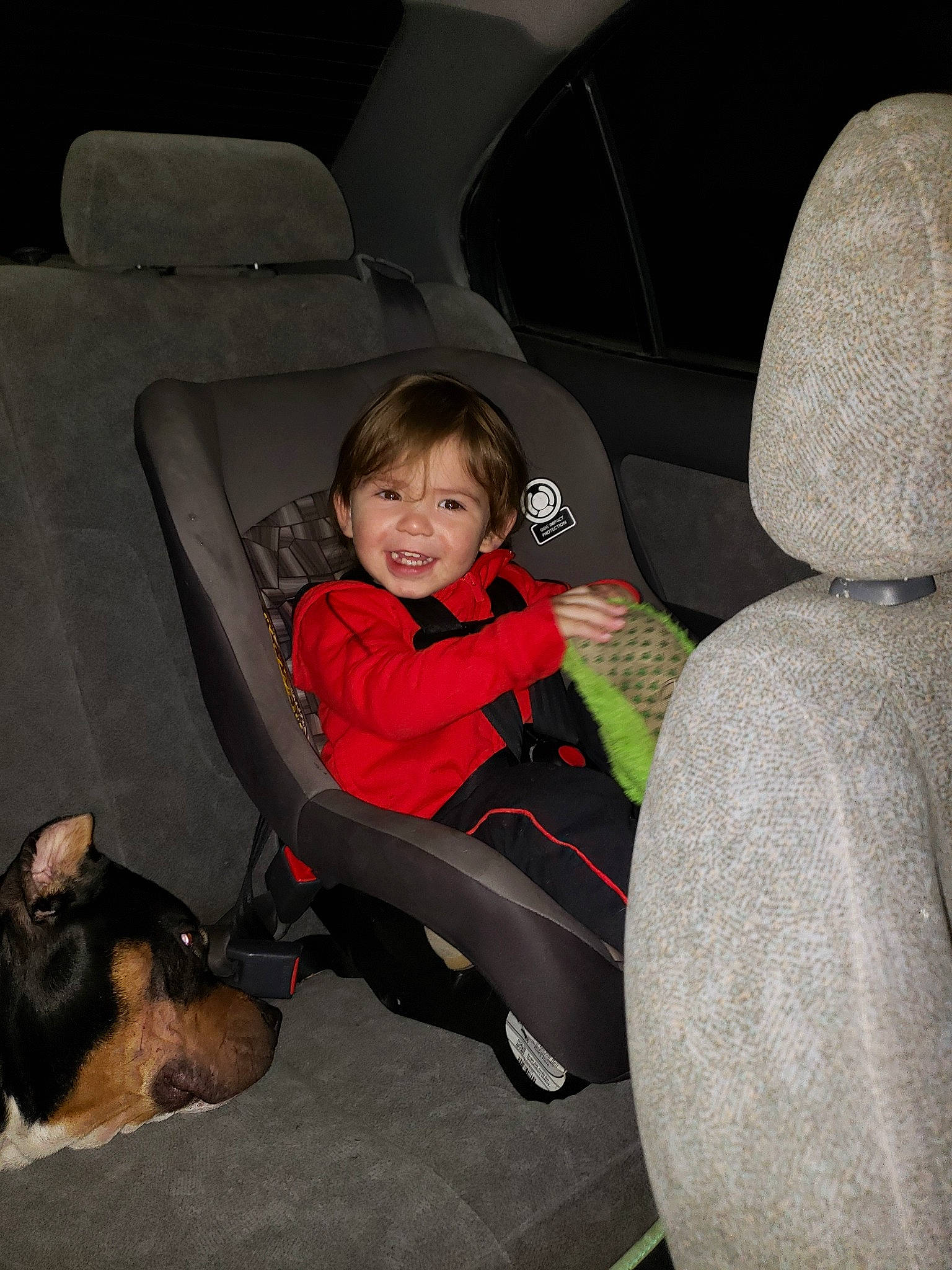 Robert Jr is registered to the contest to win money with this photo: auto_part, automotive_design, automotive_exterior, car, car_seat, car_seat_cover, comfort, dog, head, head_restraint, joy, lap, leg, mammal, motor_vehicle, person, plant, shoe, smile, steering_wheel