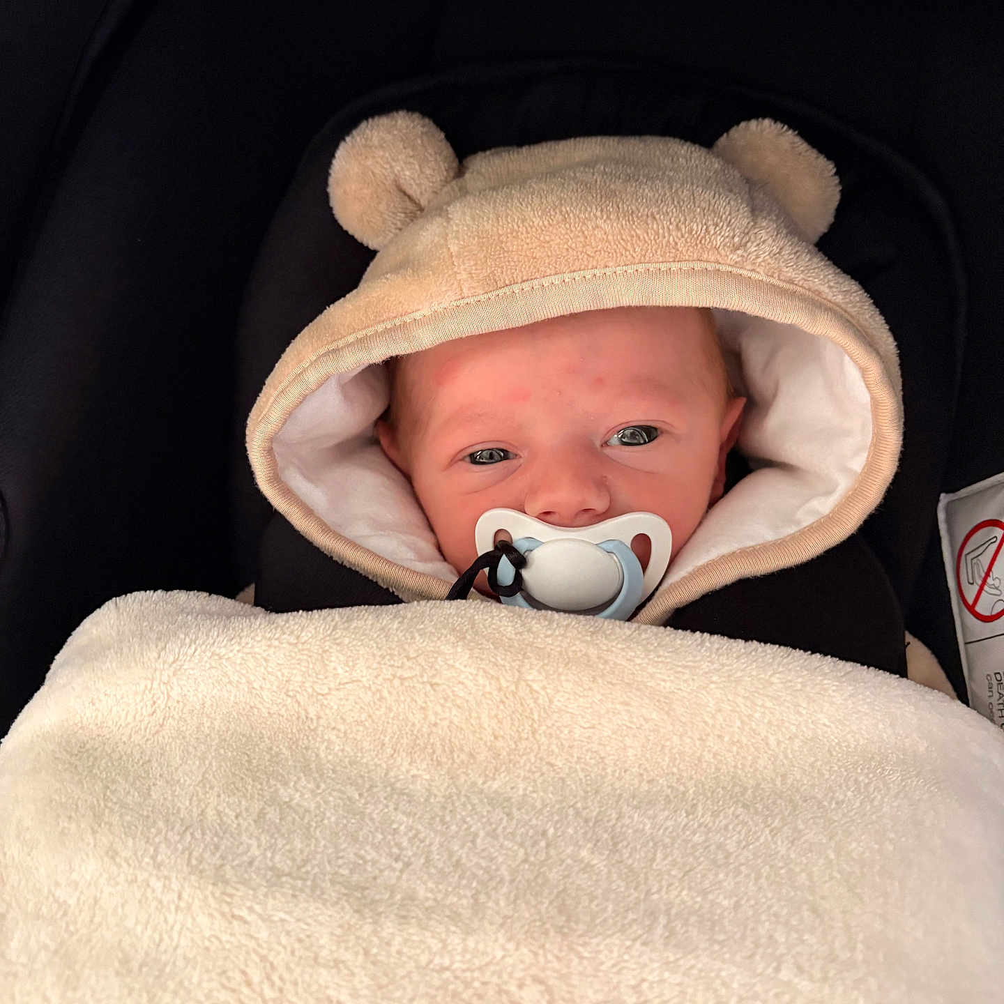 Ynazio participe au concours pour gagner de l'argent avec cette photo : baby, babywear, blanket, bundle, car_seat, child, clothing, comfort, cute, ears, face, hood, indoor, infant, newborn, pacifier, portrait, rest, soft, warm
