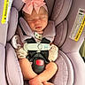baby, car_seat, child, clothing, cute, footwear, headband, hello_kitty, indoors, infant, lavender, newborn, peaceful, pink_bow, resting, safety_harness, seatbelt, sleeping, soft, toddler