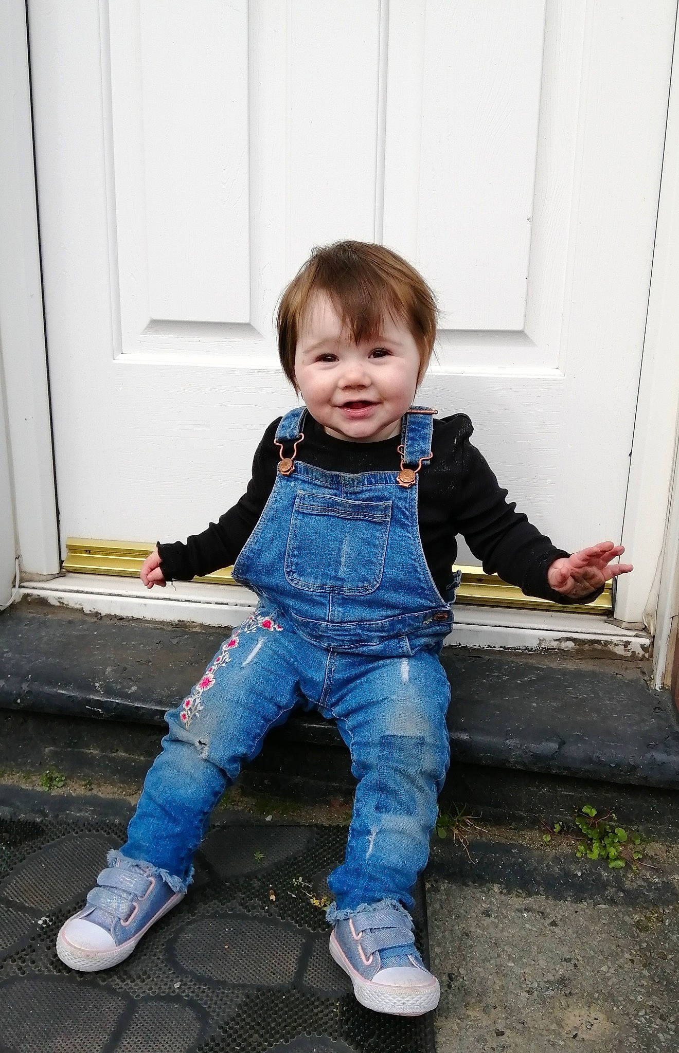 Darcie joined the competition — help win amazing prizes! baby, child, child_model, denim, footwear, jacket, jeans, outerwear, person, play, shoe, sitting, smile, standing, textile, toddler, trousers
