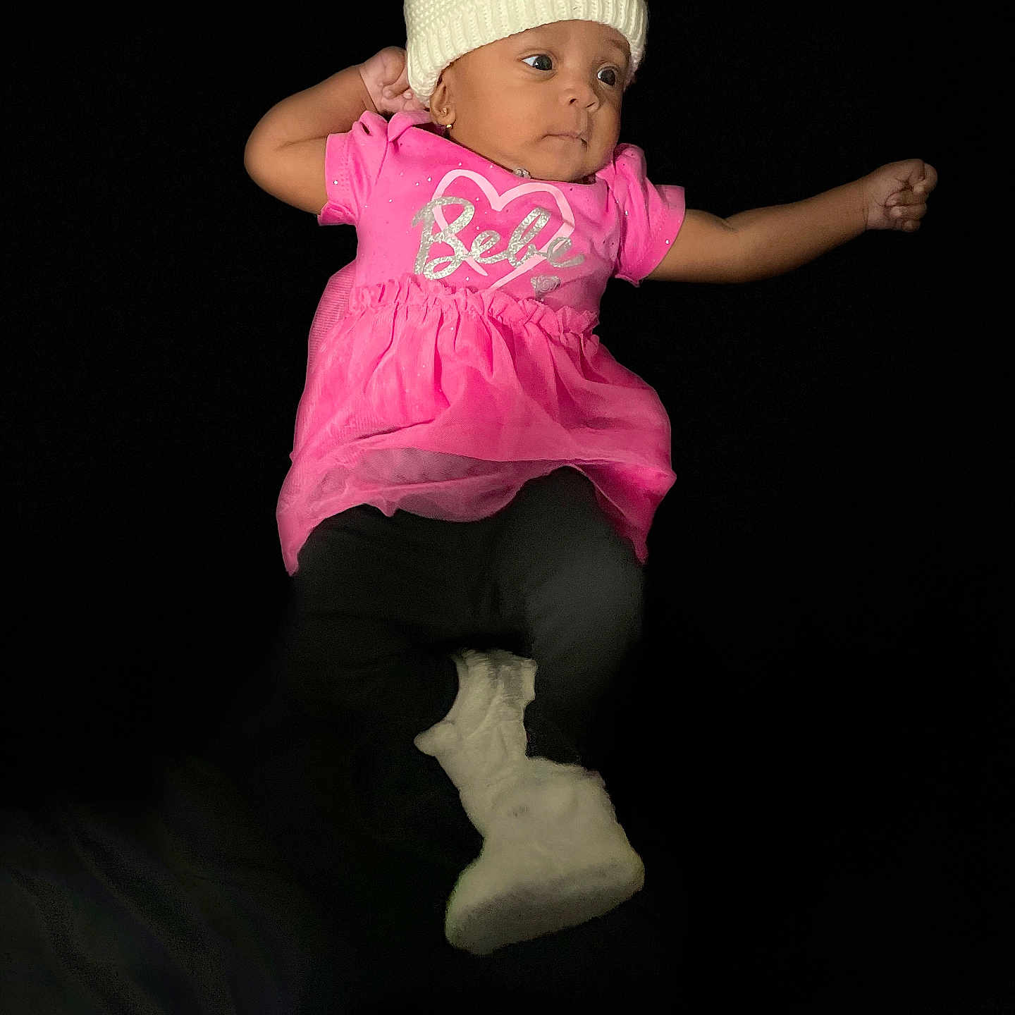 Harmony joined the competition — help win amazing prizes! adorable, baby, boots, child, clothing, cute, dark_background, expression, fashion, headwear, indoor, infant, person, pink_dress, portrait, pose, small_child, studio_lighting, warm_clothing, white_hat