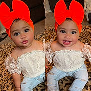 Phenix is registered to the contest to win money with this photo: baby, child, orange_bow, headband, white_lace_top, blue_jeans, leopard_print_blanket, indoor, cute, smiling, sitting, portrait, infant, adorable, clothing, fashion, happy, two_images, person, cute_face