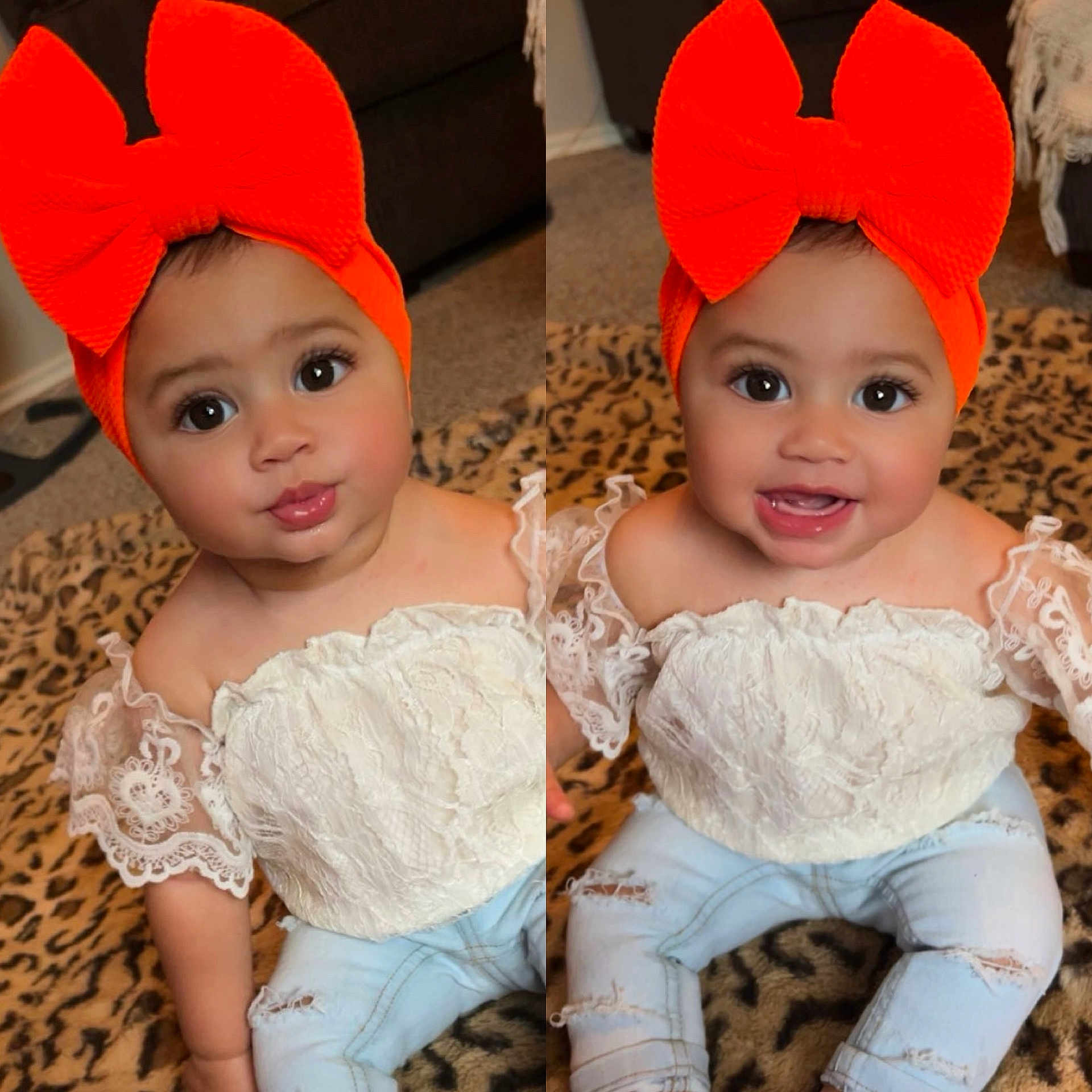 Phenix is registered to the contest to win money with this photo: baby, child, orange_bow, headband, white_lace_top, blue_jeans, leopard_print_blanket, indoor, cute, smiling, sitting, portrait, infant, adorable, clothing, fashion, happy, two_images, person, cute_face