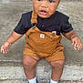 Kyrin is registered to the contest to win money with this photo: toddler, child, sitting, concrete, step, brown_overalls, black_crocs, white_socks, drool, tears, curious_expression, outdoor, clothing, person, footwear, shorts, hands, face, young_child, casual