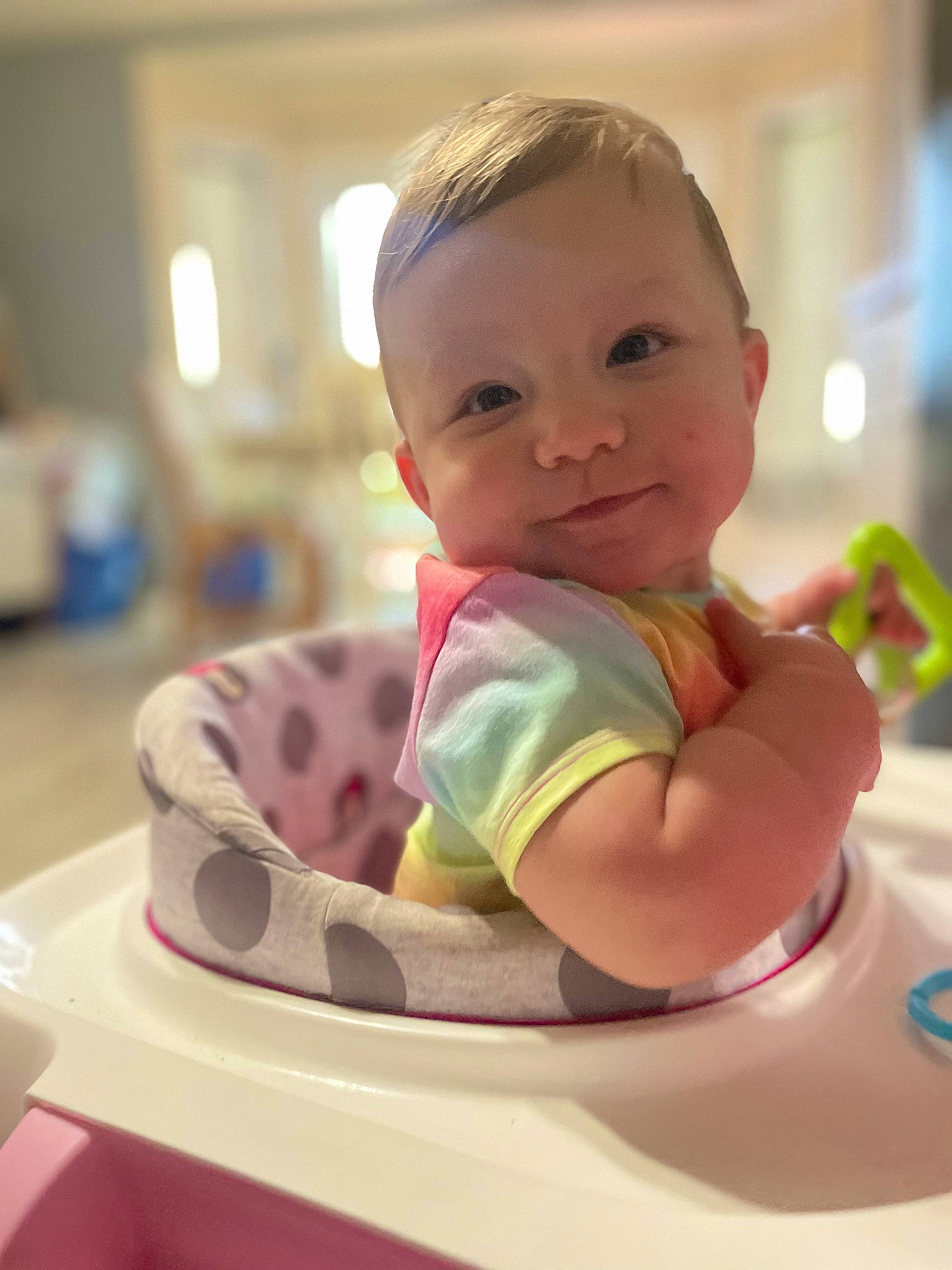 Pepper is registered to the contest to win money with this photo: baby, baby_playing_with_toys, baby_products, baby_toddler_clothing, bib, cheek, child, chin, circle, cleanliness, comfort, facial_expression, fun, happy, leisure, person, recreation, sitting, skin, toddler