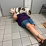 Mia joined the competition — help win amazing prizes! affection, black_sandals, brown_spots, casual, chair, denim_shorts, dog, door, floor, hug, indoor, person, pet, pink_collar, playful, purple_shirt, smile, tattoo, tile, white_dog