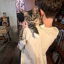 kitten, cat, person, indoor, home, holding, shoulder, furniture, bookshelf, speaker, tabby, curious, cozy, living_room, white_shirt, cute, pet, fur, young, relaxing