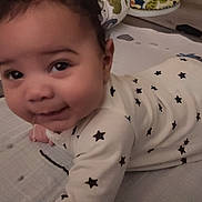 Kaidyn is registered to the contest to win money with this photo: baby, blanket, child, clothing, cozy, cute, expression, face, floor, home, indoor, infant, onesie, person, play_mat, smile, soft_lighting, star_pattern, tummy_time, young_child