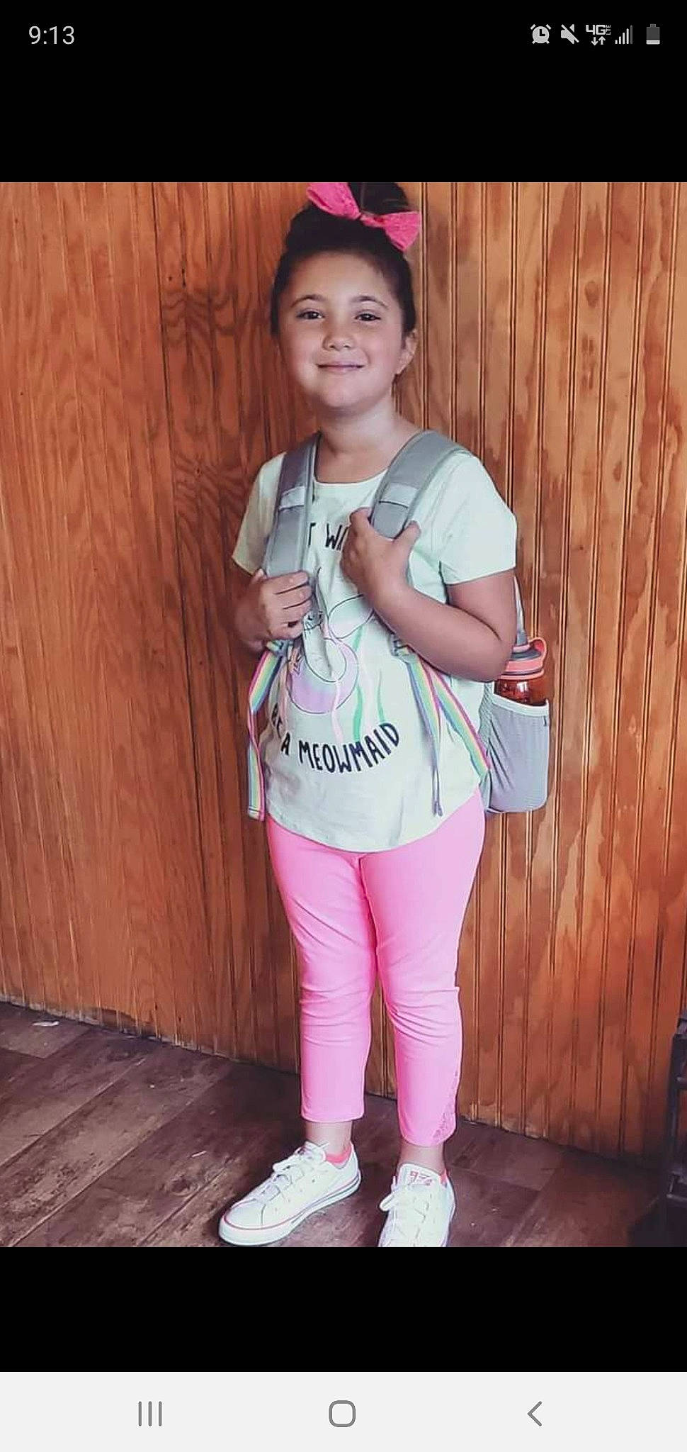 Skylar is registered to the contest to win money with this photo: child, child_model, clothing, footwear, jeans, joy, person, pink, shoe, shoulder, standing, style, t_shirt, trousers