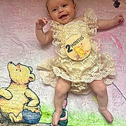 Paisley is registered to the contest to win money with this photo: baby, infant, smiling, lace_dress, headband, blanket, winnie_the_pooh, cartoon, cute, two_months, lying_down, happy, child, soft_texture, colorful, legs, arms, face, portrait, indoors