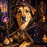 Shyan joined the competition — help win amazing prizes! dog, wizard_hat, cloak, magic_staff, orb, candle, book, medieval, fantasy, portrait, indoors, table, ornate, jewelry, companion, protector, legend, window, castle, purple