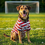 Shyan is registered to the contest to win money with this photo: dog, soccer_field, goalpost, grass, sports_jersey, usa, number_26, outdoor, pet, canine, happy, tongue_out, sitting, animal, portrait, sunlight, summer, playing, team_spirit, friendly