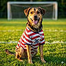 dog, soccer_field, goalpost, grass, sports_jersey, usa, number_26, outdoor, pet, canine, happy, tongue_out, sitting, animal, portrait, sunlight, summer, playing, team_spirit, friendly