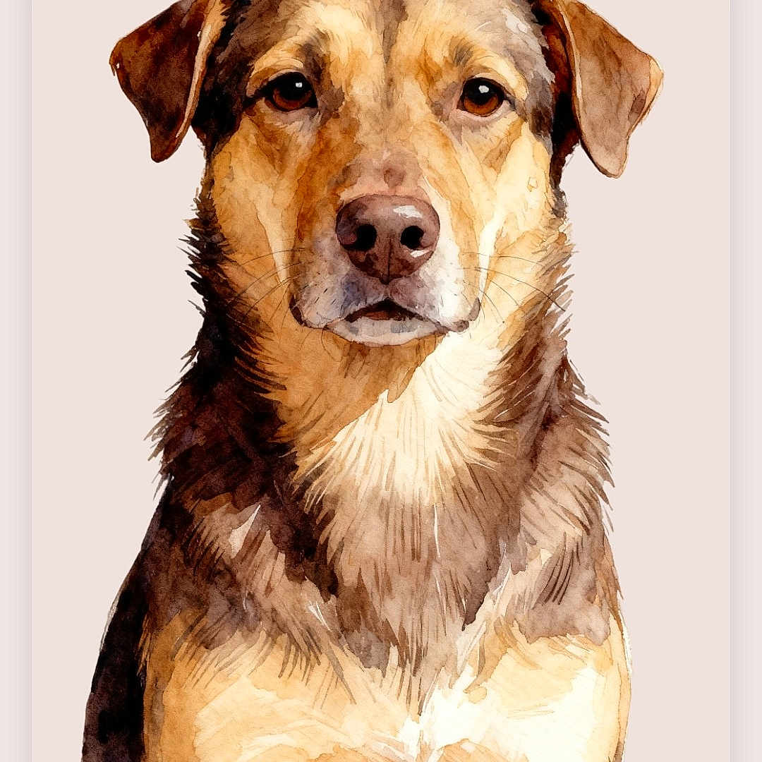 Shyan is registered to the contest to win money with this photo: dog, watercolor, painting, art, portrait, animal, pet, brown, tan, fur, ears, face, snout, expression, canine, illustration, artwork, text_overlay, name, calm