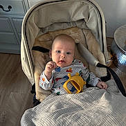 Rudi is registered to the contest to win money with this photo: baby, stroller, toy, blanket, indoor, child, face, clothing, floor, cabinet, wooden_floor, person, infant, warm, comfort, cute, portrait, sitting, expression, baby_clothes