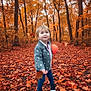 child, toddler, autumn, fall_leaves, forest, trees, orange_leaves, ball, outdoor, nature, smiling, blue_eyes, jacket, polka_dots, walking, path, shoes, young_child, season, playful
