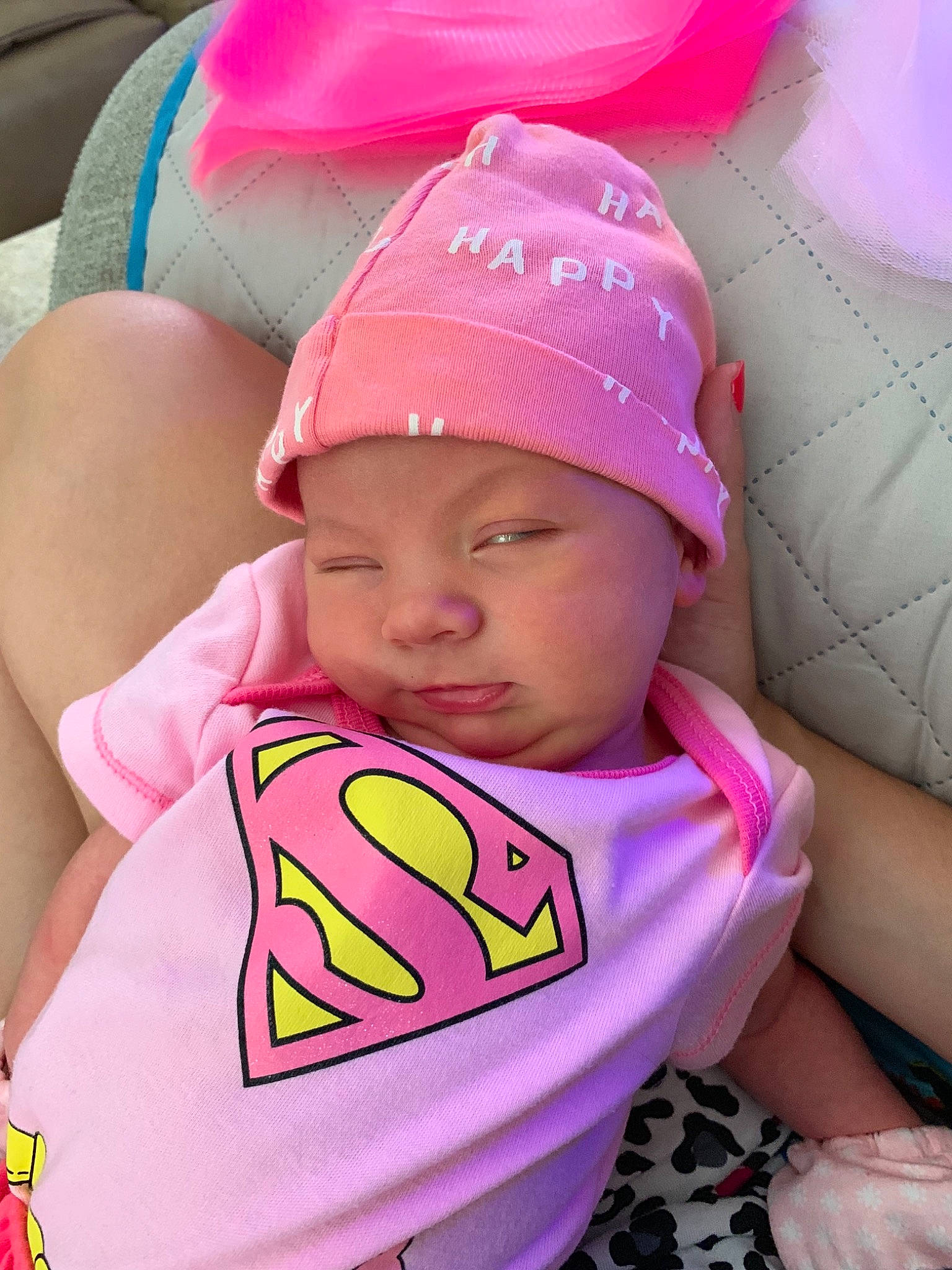 Minnie joined the competition — help win amazing prizes! baby, baby_toddler_clothing, child, headgear, headwear, person, pink, skin, toddler