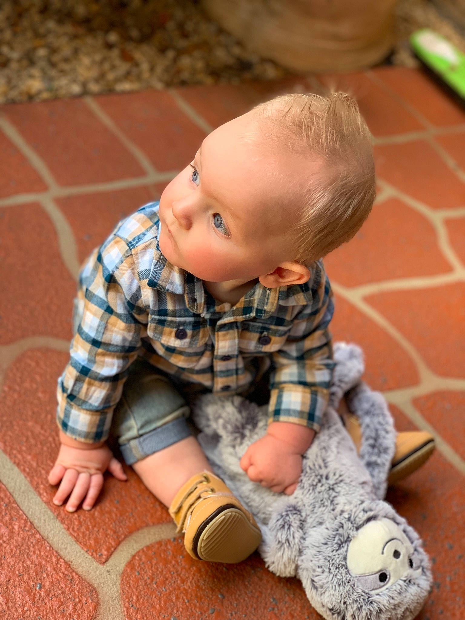 Kruz joined the competition — help win amazing prizes! baby, child, crawling, floor, flooring, leg, pattern, person, play, shoe, sitting, skin, toddler, toy