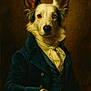 Tayla participe au concours pour gagner de l'argent avec cette photo : dog, portrait, vintage_clothing, aristocratic, cravat, velvet_coat, table, pretzel, brown_background, fur, ears, paw, classic, oil_painting_style, solemn, costume, animal_portrait, historical_style, formal, seated