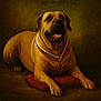 animal, artistic, award, brown_dog, canine, classic_style, close_up, cushion, decorative, detailed_texture, dog, expression, fur, indoor, lying_down, medal, painting_style, pet, portrait, warm_colors