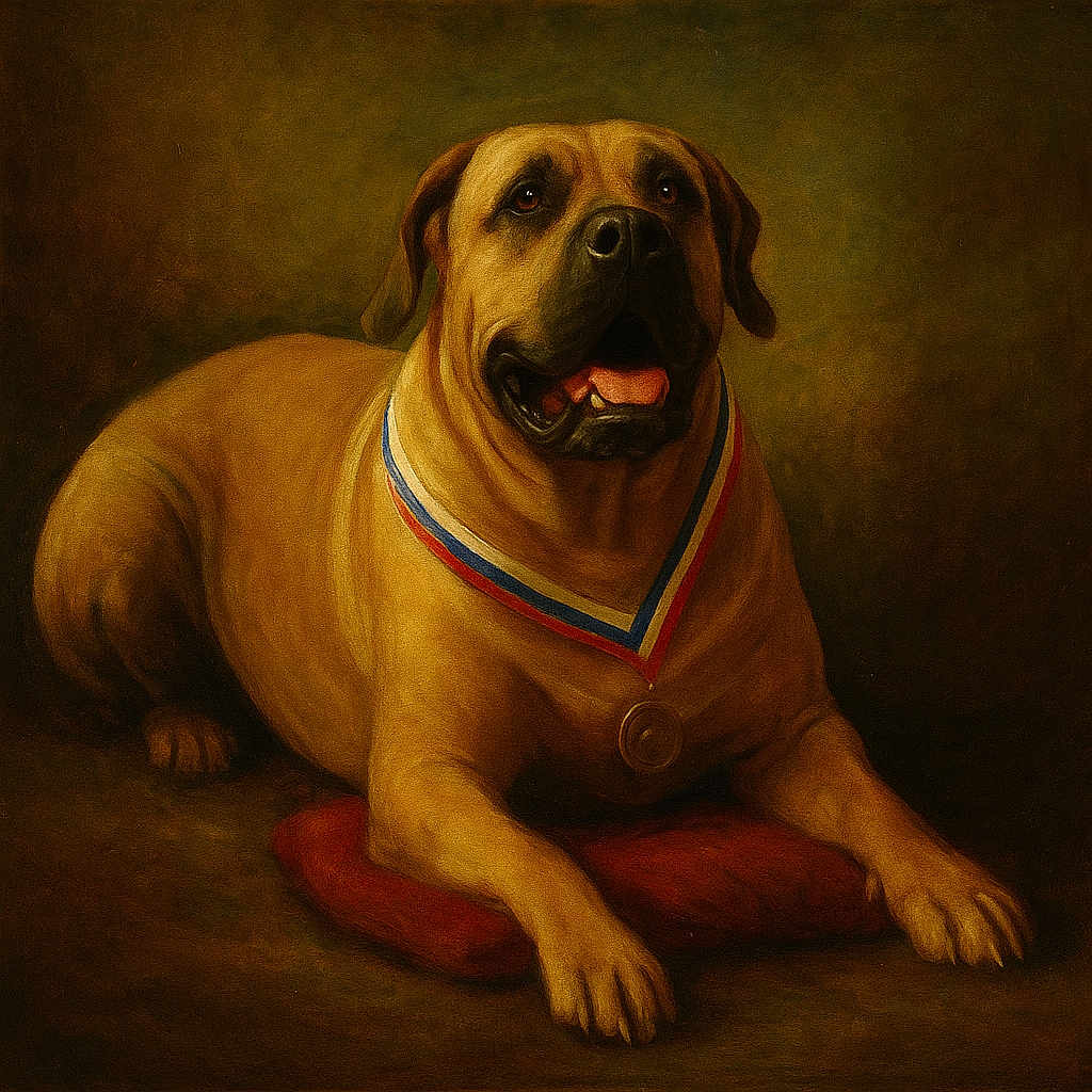 Bonnie participe au concours pour gagner de l'argent avec cette photo : animal, artistic, award, brown_dog, canine, classic_style, close_up, cushion, decorative, detailed_texture, dog, expression, fur, indoor, lying_down, medal, painting_style, pet, portrait, warm_colors