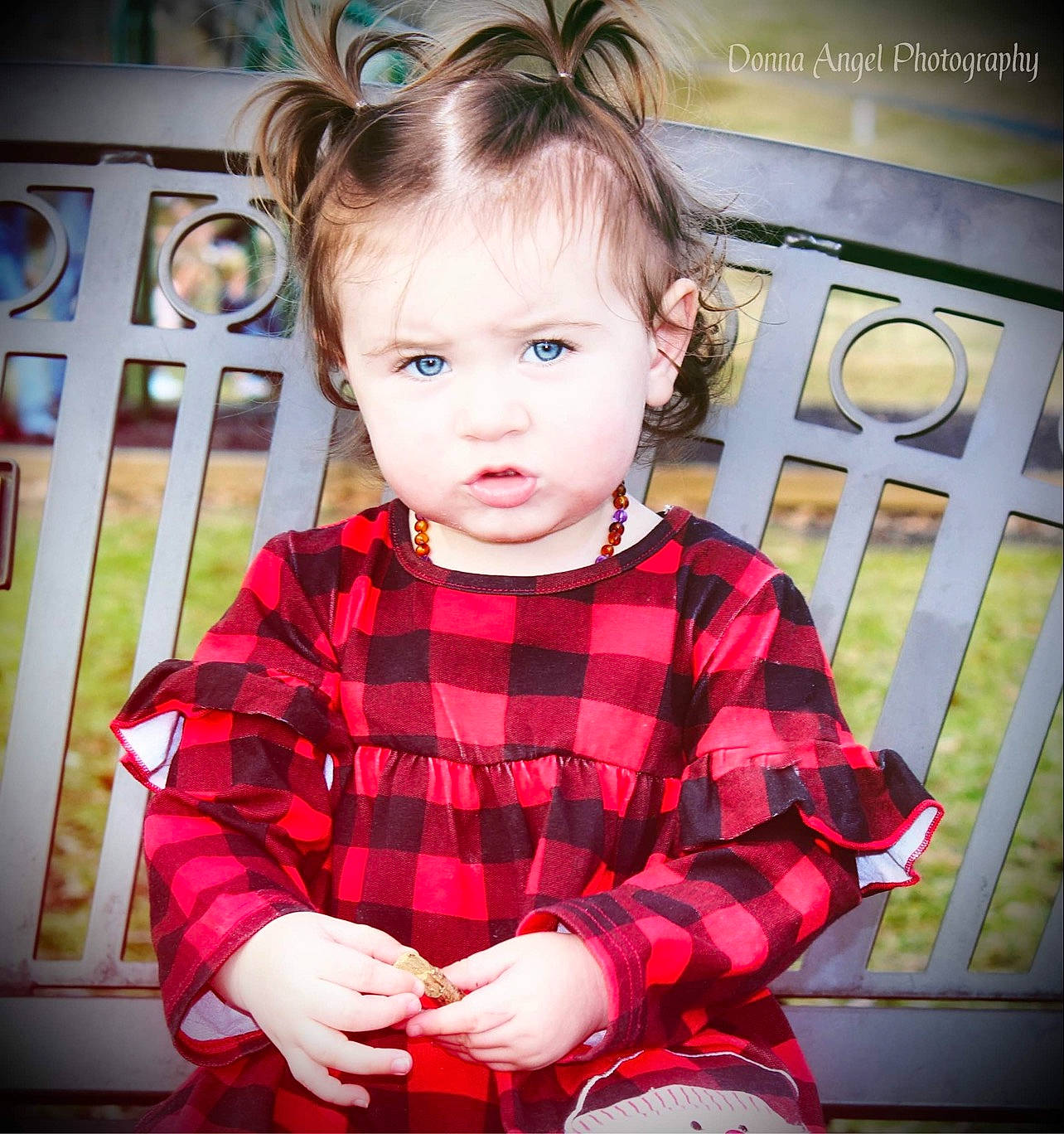 Madilyn joined the competition — help win amazing prizes! baby_toddler_clothing, beauty, blond, cheek, child, ear, eyelash, face, fashion, hairstyle, head, iris, organ, pattern, person, plaid, product, sleeve, standing, tartan