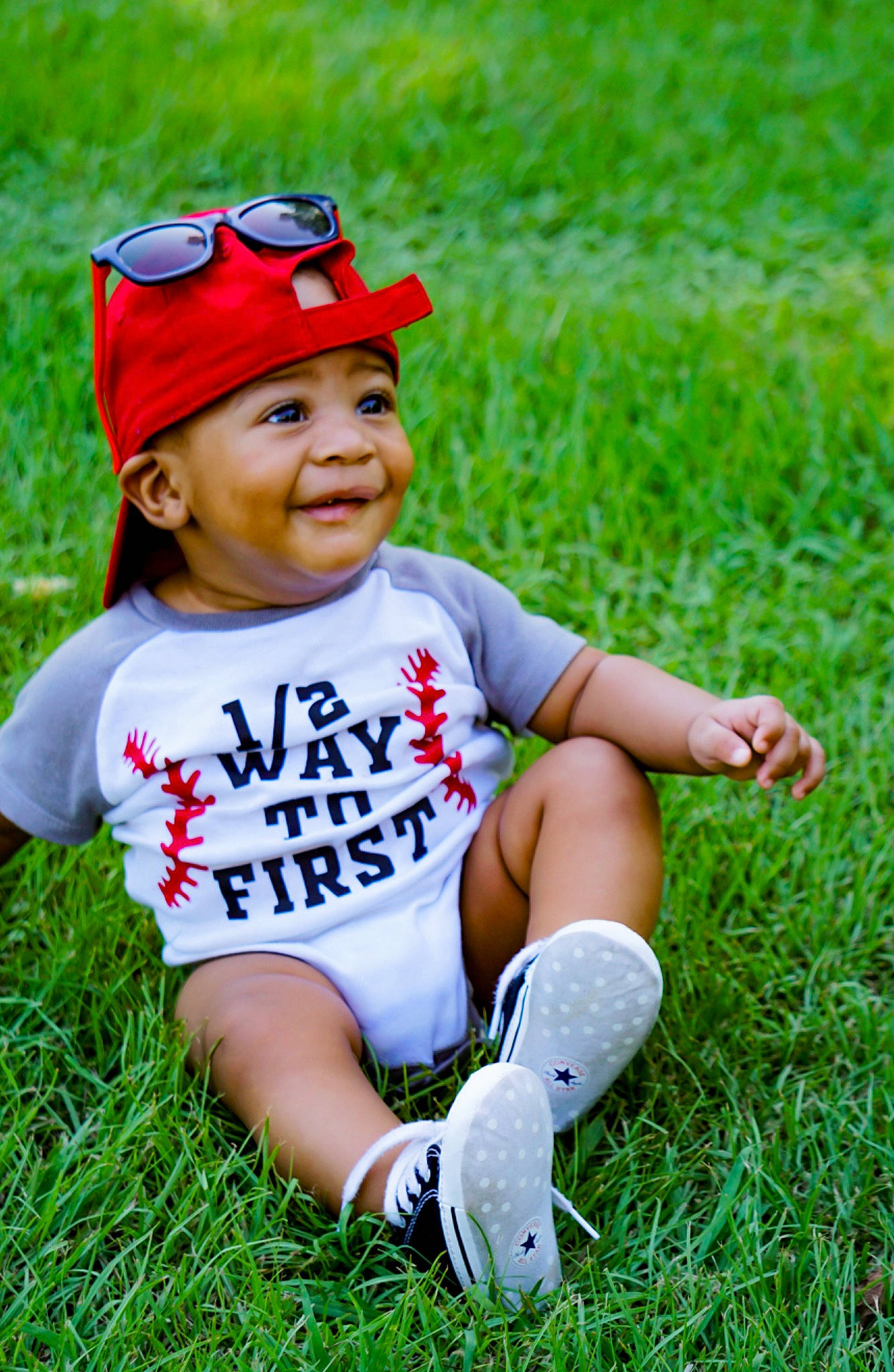 Ayaan joined the competition — help win amazing prizes! baby, child, cool, fun, grass, grass_family, green, happy, headgear, headwear, lawn, meadow, people_in_nature, person, photography, plant, play, red, smile, spring