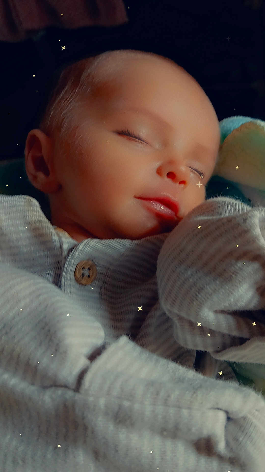 Aurora Grace joined the competition — help win amazing prizes! baby, newborn, sleeping, onesie, button, blanket, soft_texture, face, close_up, portrait, eyelashes, peaceful, cozy, dreamy, star_overlay, infant, cute, nap, bedtime, striped_clothing