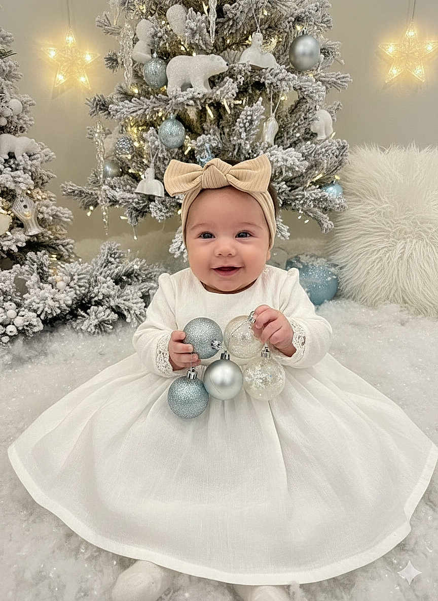Thaïs participe au concours pour gagner de l'argent avec cette photo : baby, candid, celebration, child, christmas_tree, decorations, festive, glowing_stars, happy, headband, holiday_decor, indoor, ornaments, portrait, silver_balls, smiling, snow_effect, toddler, white_dress, winter_theme