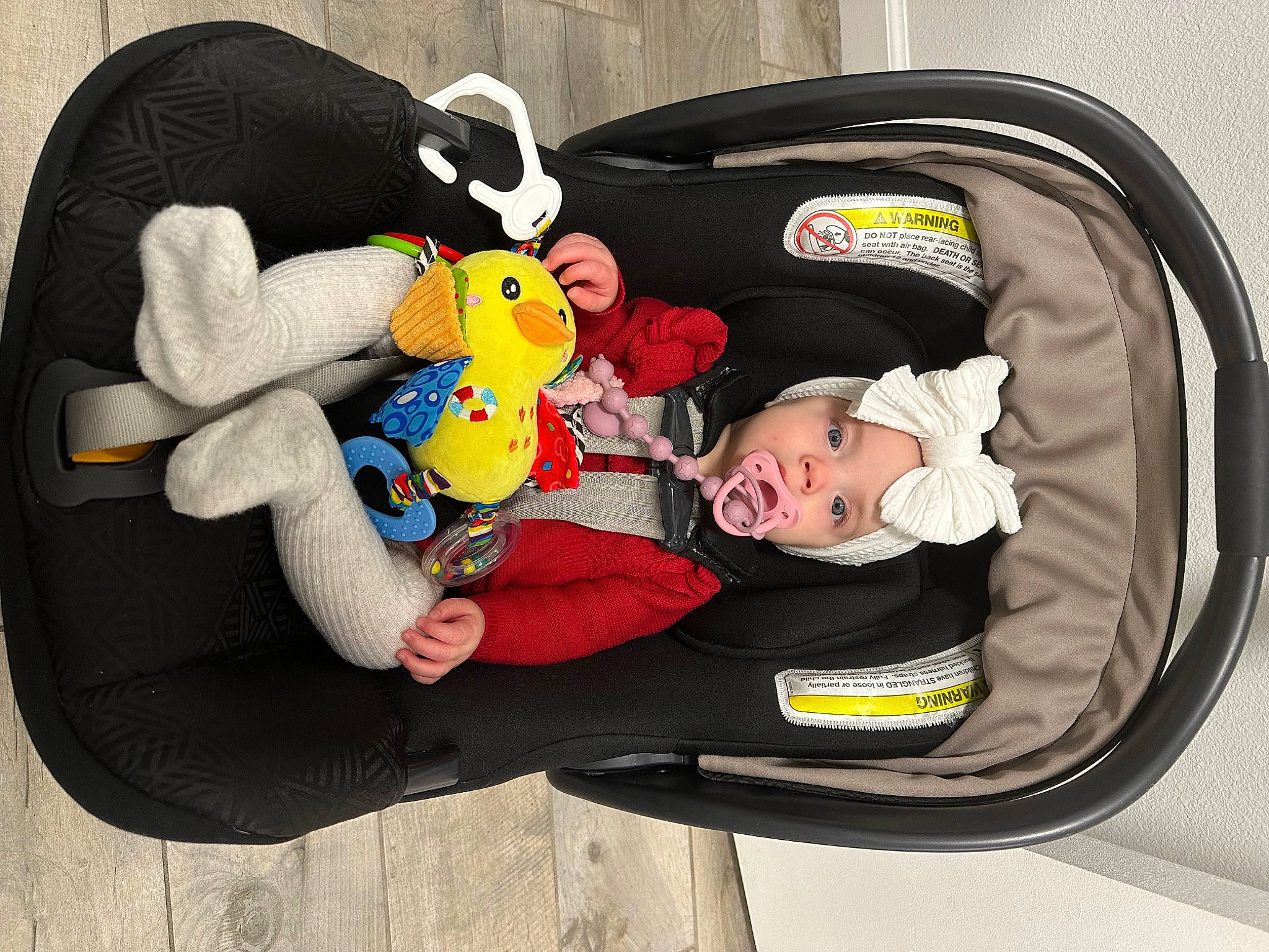 Fiona is registered to the contest to win money with this photo: auto_part, baby_products, baby_toddler_clothing, baby_toys, bag, baggage, car_seat, comfort, fashion_accessory, headwear, luggage_and_bags, person, plush, stuffed_toy, toddler, toy, vehicle