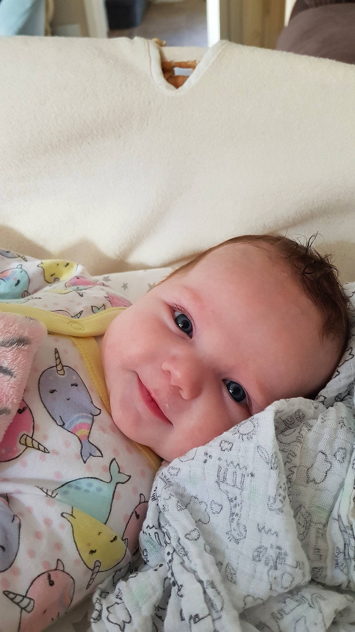 Harriet is registered to the contest to win money with this photo: baby, bedtime, cheek, child, eye, face, lip, mouth, nose, person, skin, textile, toddler