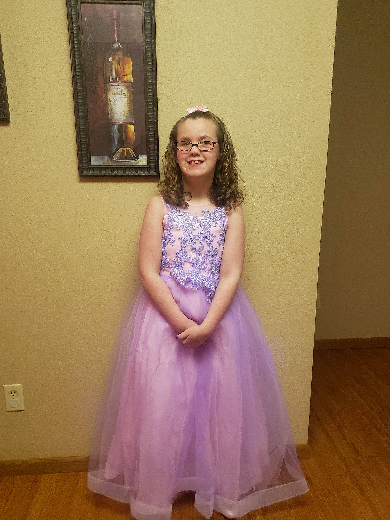 Lilly is registered to the contest to win money with this photo: a_line, bridal_party_dress, child, child_model, clothing, cocktail_dress, costume, dress, event, flower_girl, formal_wear, gown, haute_couture, joy, lavender, lilac, person, pink, prom, purple