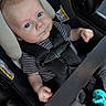 baby, blue_eyes, buckle, car_interior, car_seat, child, child_seat, clothing, cute, face, hands, head_support, infant, pacifier, person, safety, seat_belt, striped_shirt, travel, young_child