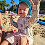 Noé participe au concours pour gagner de l'argent avec cette photo : child, toddler, beach, sand, hat, smile, sunny, outdoor, waves, toy, play, summer, casual_clothing, nature, daylight, happy, person, vacation, relaxation, family