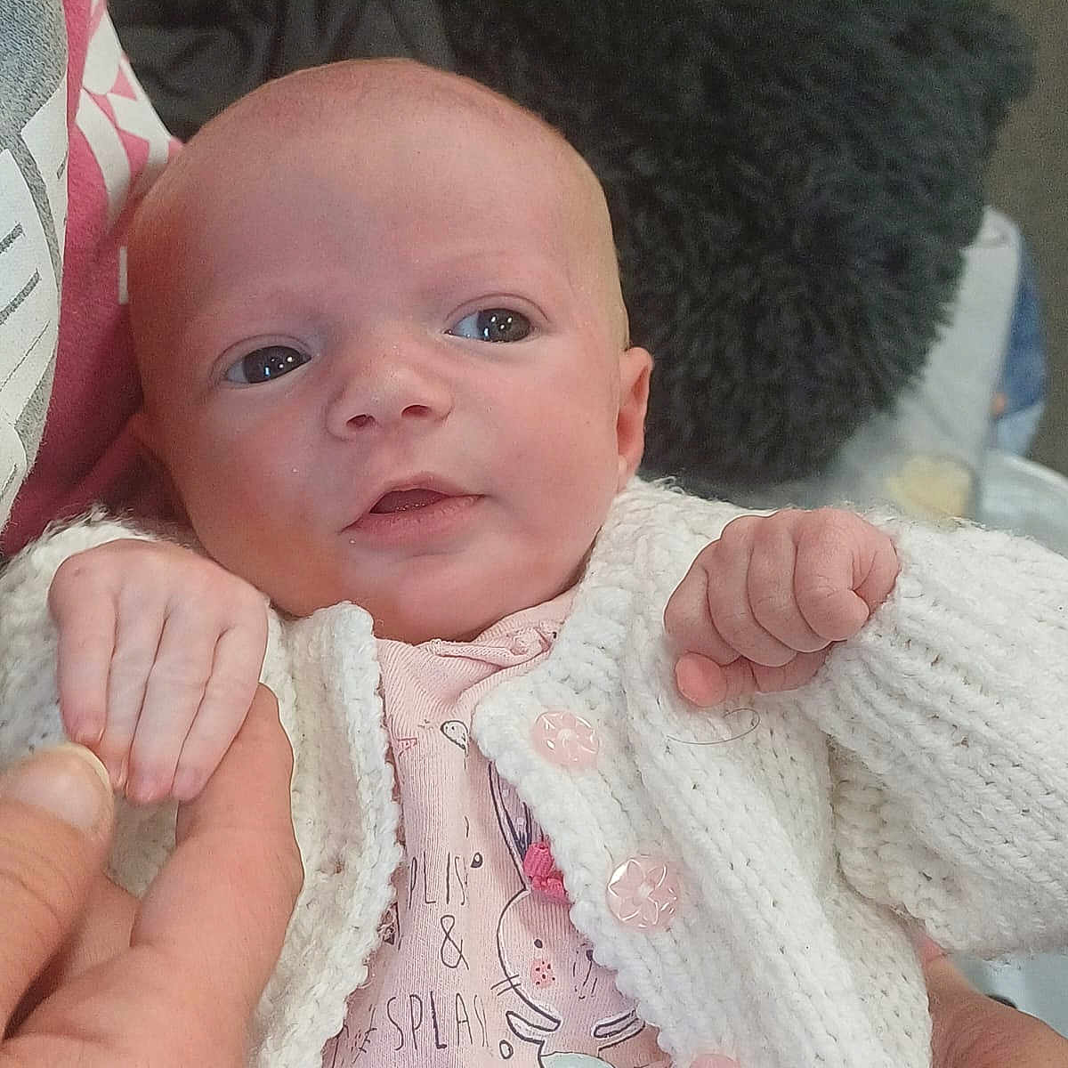 Harper Leigh is registered to the contest to win money with this photo: baby, button, closeup, couch, cute, eyes, face, fingers, hand, holding, home, indoor, infant, knitted_sweater, newborn, person, pillow, pink_clothing, skin, soft