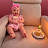 Grace joined the competition — help win amazing prizes! baby, girl, pink, headband, cookie, cupcake, candle, armchair, celebration, smile, happy, infant, clothing, indoor, plate, light, cute, sitting, child, portrait