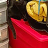black_cat, cat, yellow_eyes, storage_bin, red, yellow_blanket, plastic_drawers, indoor, wooden_floor, cozy, furniture, pet, animal, relaxed, household, sitting, curious, domestic_cat, feline, home