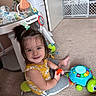 baby_activity_center, baby_gate, carpet, child, childhood, colorful_toy, cute, floor, gray_pants, hair_tie, happy, home, indoor, infant, person, playtime, smiling, toddler, toy, yellow_clothing