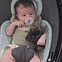 Lilith joined the competition — help win amazing prizes! baby, pacifier, plush_toy, bat_toy, baby_rocker, infant, child, cushion, soft_toy, clothing, pink_pants, green_shirt, seated, indoors, comfort, cute, young_child, baby_girl, baby_boy, car_seat