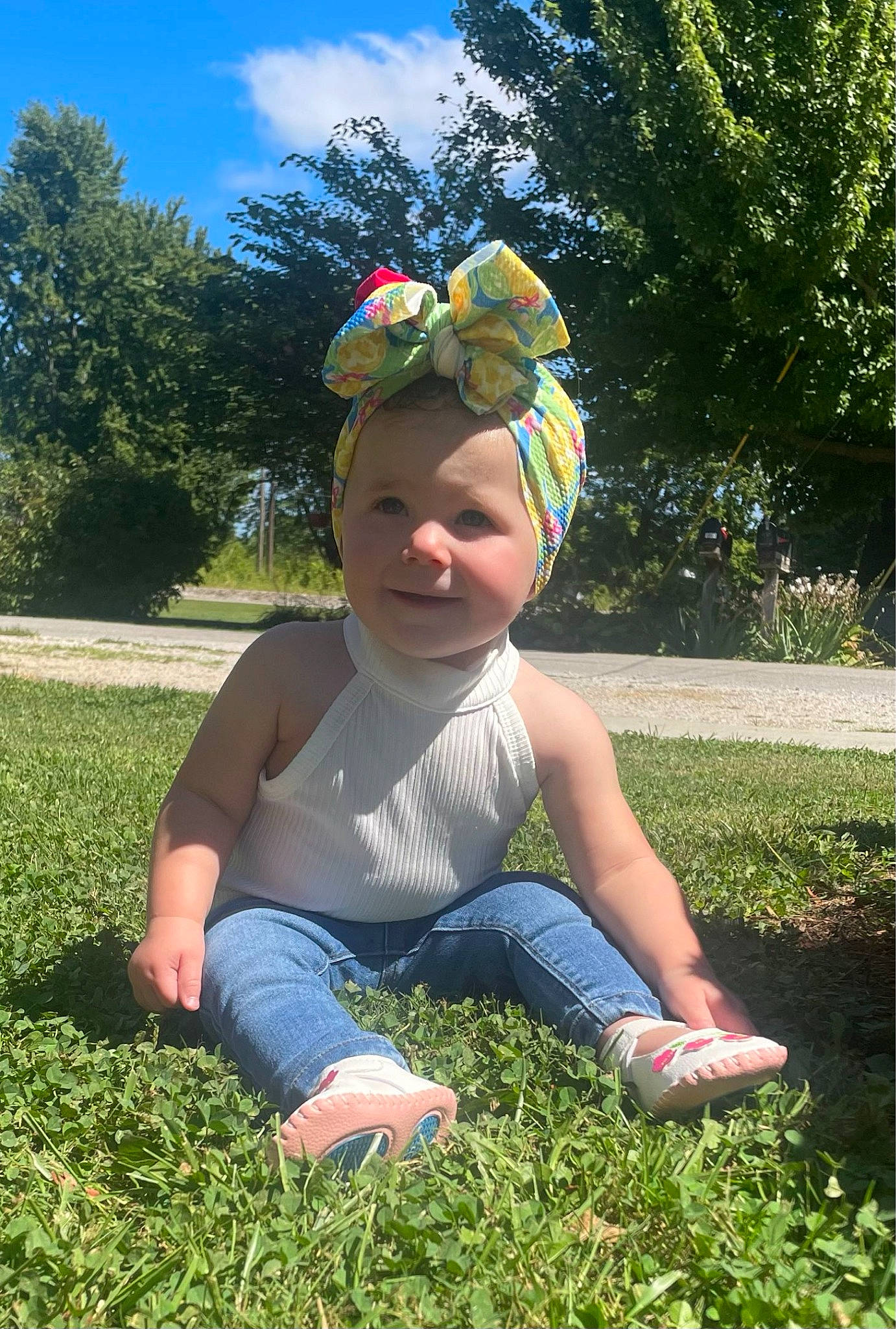 Palmer joined the competition — help win amazing prizes! baby, baby_toddler_clothing, cap, cloud, eyewear, fun, goggles, grass, grass_family, happy, headgear, lawn, leisure, people_in_nature, person, plant, sky, smile, sunglasses, toddler