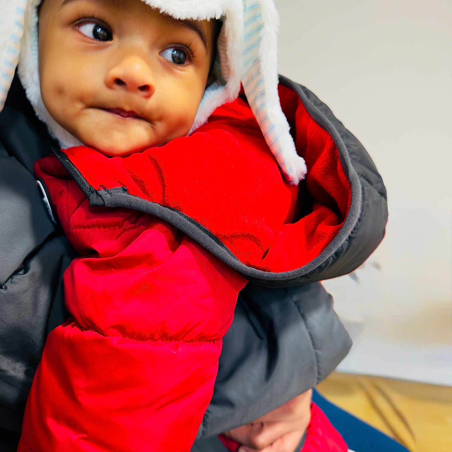 Aev Netik is registered to the contest to win money with this photo: animal_hat, baby, blue_jeans, child, clothing, coat, curious, cute, dimples, expression, face, hat, holding, indoor, person, portrait, red_jacket, toddler, warm_clothes, winter_wear